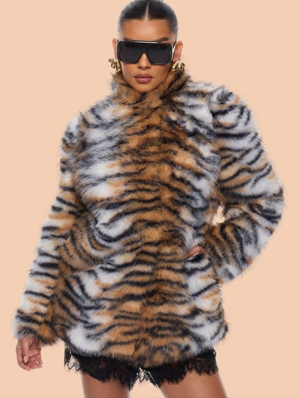 Faux Fur Tiger-Stripe Coat - Tan/Black/White